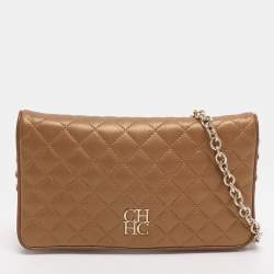 Pre Owned CH Carolina Herrera Gold Quilted Leather Flap Shoulder Bag