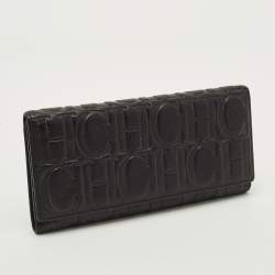 Pre Owned CH Carolina Herrera Black Monogram Embossed Leather Flap Continental Wallet
