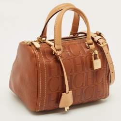 Pre Owned CH Carolina Herrera Andy Brown Monogram Embossed Leather Boston Bag
