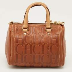 Pre Owned CH Carolina Herrera Andy Brown Monogram Embossed Leather Boston Bag
