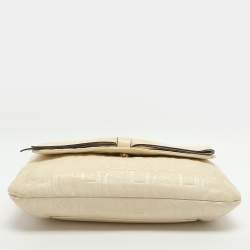 Pre Owned CH Carolina Herrera Audrey Bow Cream Monogram Embossed Leather Shoulder Bag