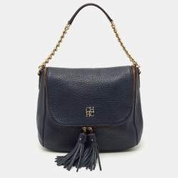 Pre Owned CH Carolina Herrera Navy Blue Pebbled Leather Tassel Shoulder Bag
