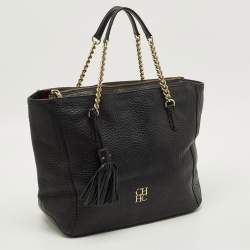 Pre Owned CH Carolina Herrera Tassel Top Zip Black Pebbled Leather Tote