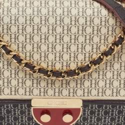 Pre Owned CH Carolina Herrera Choco Brown/Cream Monogram Print Leather Flap Shoulder Bag