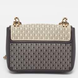 Pre Owned CH Carolina Herrera Choco Brown/Cream Monogram Print Leather Flap Shoulder Bag
