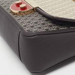 Pre Owned CH Carolina Herrera Choco Brown/Cream Monogram Print Leather Flap Shoulder Bag