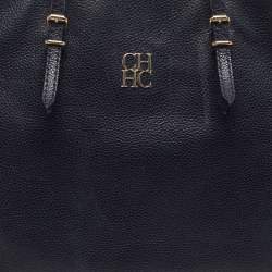Pre Owned CH Carolina Herrera Navy Blue Leather Shopper Tote