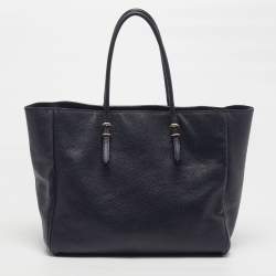 Pre Owned CH Carolina Herrera Navy Blue Leather Shopper Tote