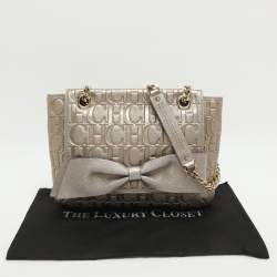 Pre Owned CH Carolina Herrera Audrey Gold Monogram Embossed Leather Shoulder Bag