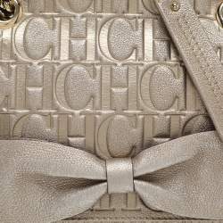 Pre Owned CH Carolina Herrera Audrey Gold Monogram Embossed Leather Shoulder Bag