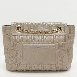 Pre Owned CH Carolina Herrera Audrey Gold Monogram Embossed Leather Shoulder Bag