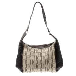 Pre Owned CH Carolina Herrera Brown/Beige Monogram Canvas and Leather Hobo