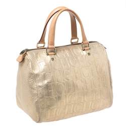 Pre Owned Carolina Herrera Metallic Gold Monogram Leather Andy Boston Bag           