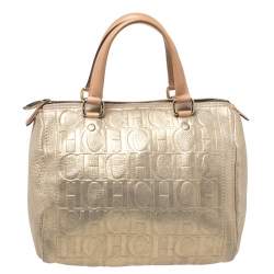 Pre Owned Carolina Herrera Metallic Gold Monogram Leather Andy Boston Bag           