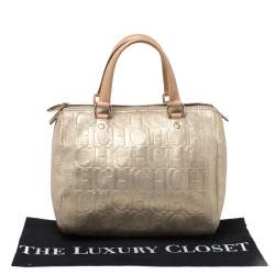 Pre Owned Carolina Herrera Metallic Gold Monogram Leather Andy Boston Bag           