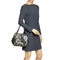 Pre Owned Carolina Herrera Black/Gold Monogram Leather Chain Shoulder Bag