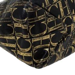 Pre Owned Carolina Herrera Black/Gold Monogram Leather Chain Shoulder Bag