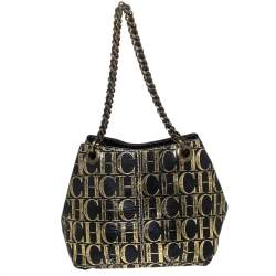 Pre Owned Carolina Herrera Black/Gold Monogram Leather Chain Shoulder Bag