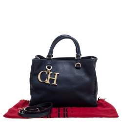 Pre Owned Carolina Herrera Navy Blue Leather Charm Tote