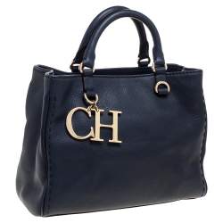 Pre Owned Carolina Herrera Navy Blue Leather Charm Tote