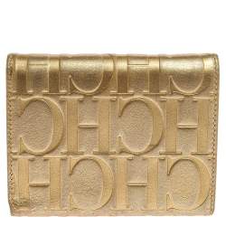 مملوكة مسبقًا Carolina Herrera Metallic Gold Monogram Leather Trifold Wallet