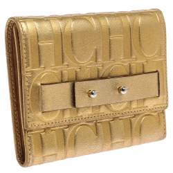 مملوكة مسبقًا Carolina Herrera Metallic Gold Monogram Leather Trifold Wallet
