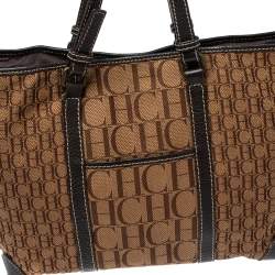 Pre Owned Carolina Herrera Brown Canvas and Leather Monogram Shopper Tote