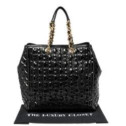 Pre Owned Carolina Herrera Black Embossed Monogram Patent Leather Chain Tote