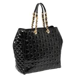 Pre Owned Carolina Herrera Black Embossed Monogram Patent Leather Chain Tote