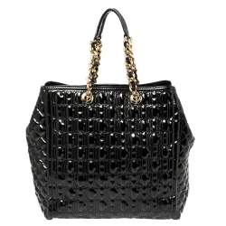 Pre Owned Carolina Herrera Black Embossed Monogram Patent Leather Chain Tote