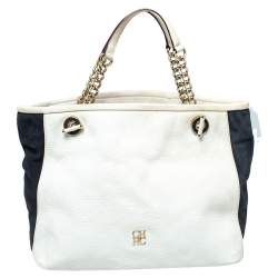  Carolina Herrera White/Blue Textured Leather And Suede Tote