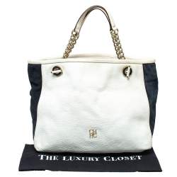  Carolina Herrera White/Blue Textured Leather And Suede Tote