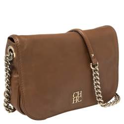 Pre Owned Carolina Herrera Brown Leather Flap Shoulder Bag