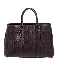 Pre Owned Carolina Herrera Brown Monogram Leather Matteo Tote