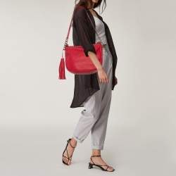 Pre Owned Carolina Herrera Red Studded Logo Leather Tassel Shoulder Bag