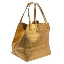 Pre Owned Carolina Herrera Gold Monogram Leather Matryoshka Tote