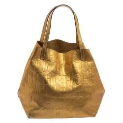 Pre Owned Carolina Herrera Gold Monogram Leather Matryoshka Tote