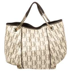 Pre Owned Carolina Herrera Brown/White Monogram Coated Canvas Chain Tote
