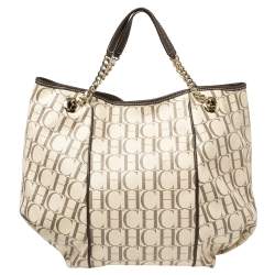 Pre Owned Carolina Herrera Brown/White Monogram Coated Canvas Chain Tote