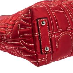 Pre Owned Carolina Herrera Red Monogram Stitch Nylon and Leather Shopper Tote