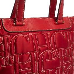 Pre Owned Carolina Herrera Red Monogram Stitch Nylon and Leather Shopper Tote