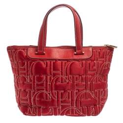 Pre Owned Carolina Herrera Red Monogram Stitch Nylon and Leather Shopper Tote