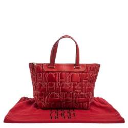 Pre Owned Carolina Herrera Red Monogram Stitch Nylon and Leather Shopper Tote