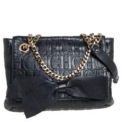 Pre Owned Carolina Herrera Black Monogram Leather Audrey Shoulder Bag