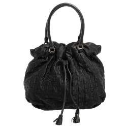 Pre Owned CH Carolina Herrera Black Embossed Nylon Bow Bucket Bag
