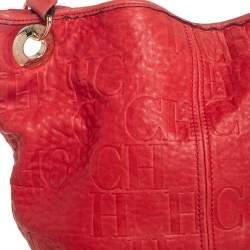 Pre Owned CH Carolina Herrera Red CH Embossed Leather Expandable Hobo