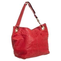 Pre Owned CH Carolina Herrera Red CH Embossed Leather Expandable Hobo
