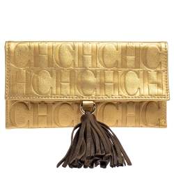 Pre Owned Carolina Herrera Gold Monogram Leather Tassel Clutch