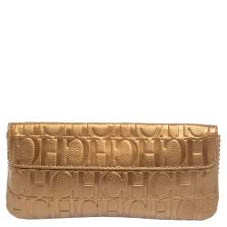 Pre Owned Carolina Herrera Gold Monogram Embossed Leather Bow Chain Clutch
