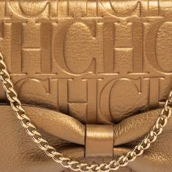 Pre Owned Carolina Herrera Gold Monogram Embossed Leather Bow Chain Clutch